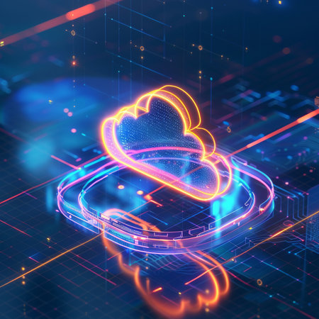 Cloud computing concept. 3d isometric illustration of cloud computing on blue backgroundの素材