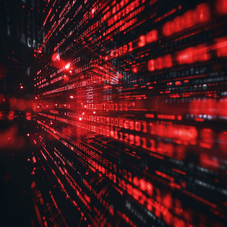 Red binary code on black background. Abstract technology concept. 3D Renderingの素材