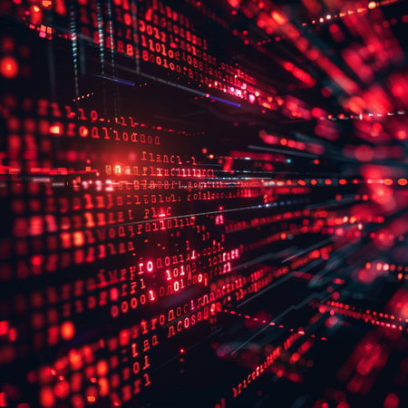 Abstract red digital background with binary code. Big data concept. 3D Renderingの素材