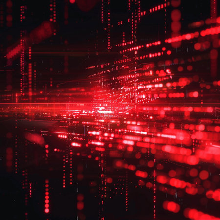 abstract red technology background with binary code, 3d render illustrationの素材