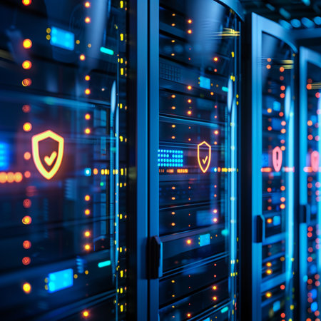 Data center with hard drives and security shield. 3D Renderingの素材