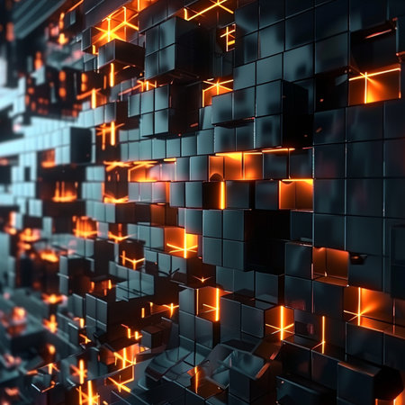 Abstract background with glowing cubes. 3d rendering toned image.の素材
