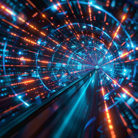 Abstract futuristic tunnel with glowing lights. 3d rendering toned imageの素材