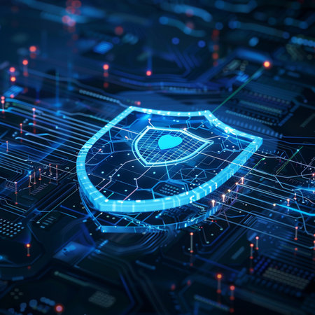Cyber security concept. Shield on circuit board background. 3D Renderingの素材