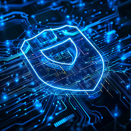 Cyber security concept. Shield on circuit board background. 3d illustrationの素材