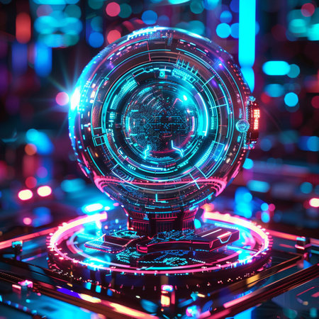 Futuristic cyber globe with glowing lights. 3D rendering.の素材