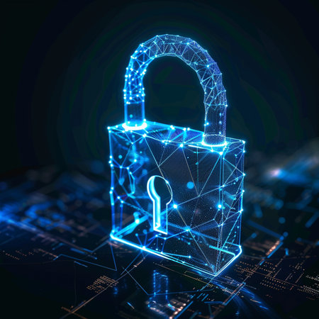 Cyber security concept. 3D polygonal padlock on digital backgroundの素材