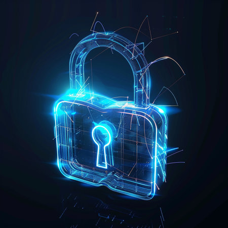 Glowing blue padlock on dark background. Security concept. 3D Renderingの素材