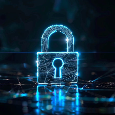Cyber security concept with glowing padlock on dark background 3D renderingの素材