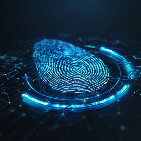 Fingerprint on blue background, 3d rendering. Computer digital drawing.の素材