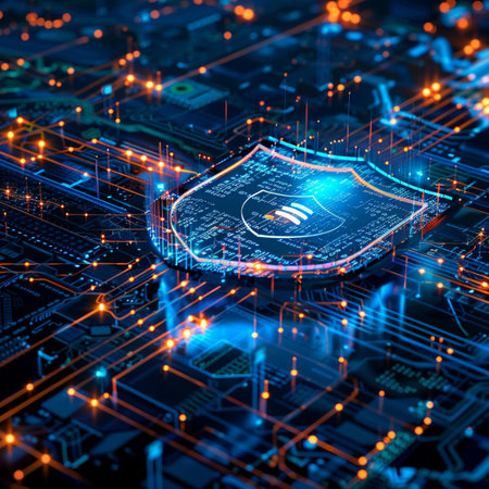 Cyber security concept with shield on circuit board background. 3d illustrationの素材
