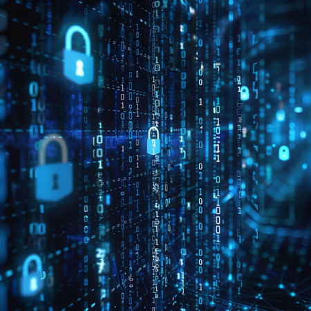 Cyber security concept. Abstract binary code and padlock. 3D Renderingの素材