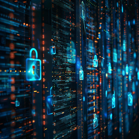 Cyber security concept with padlock and binary code. 3d renderingの素材