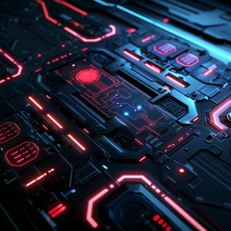 Futuristic technological background with glowing lines and buttons. 3d renderingの素材