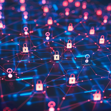 Network of connections with padlocks. Network security concept. 3D Renderingの素材