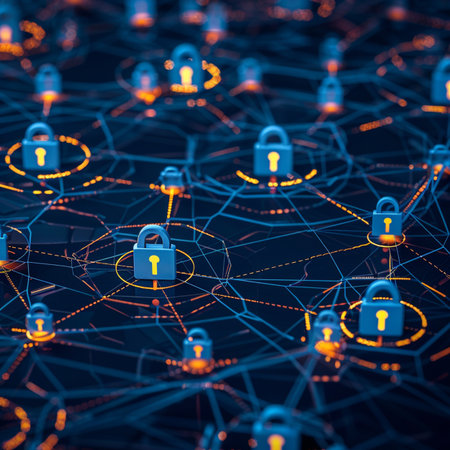 Cyber security concept. Network of connections with lock icons. 3D renderingの素材
