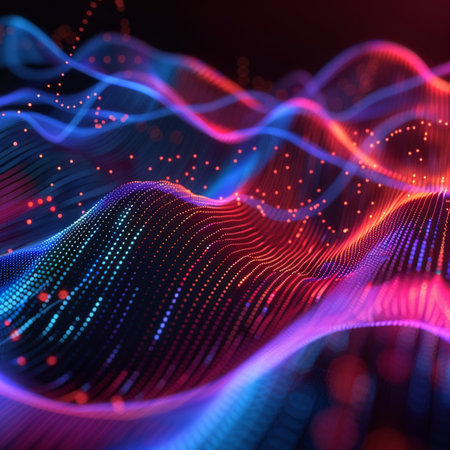 3d rendering of abstract wave particles with depth of field and bokeh effectの素材