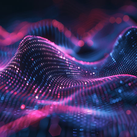 3d rendering of abstract wave particles with depth of field and bokeh lightsの素材