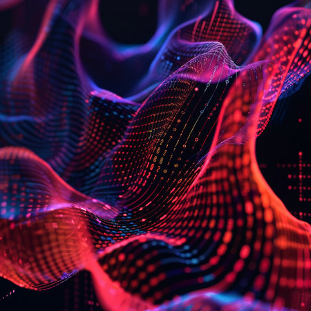 3D illustration of abstract digital background with glowing particles. Big data visualization.の素材