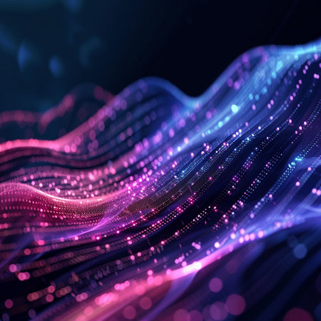 3d rendering of abstract particles wave with depth of field and bokeh lightsの素材