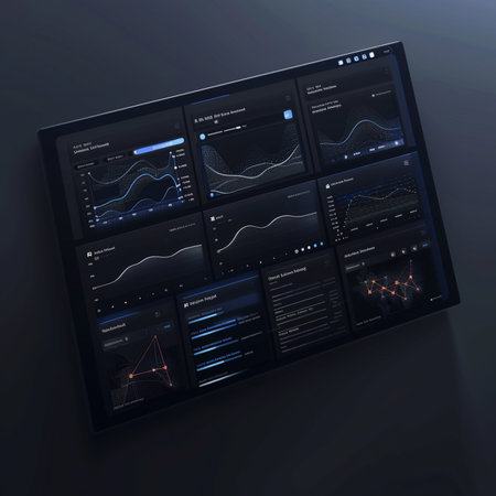 Futuristic interface with graphs and charts on dark background. Vector illustrationの素材