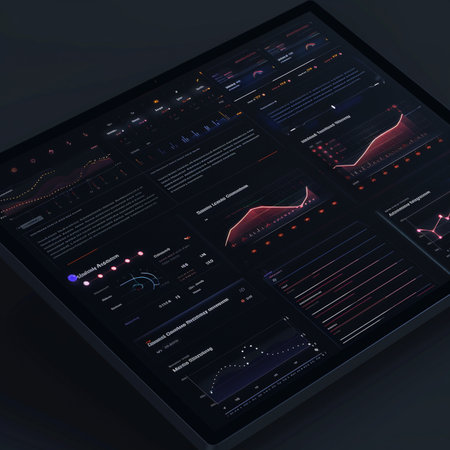 Futuristic interface with charts and graphs on a black background. 3d renderingの素材