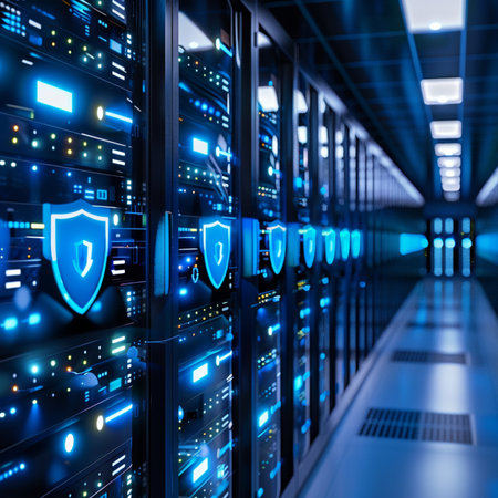 server room data center with security shield icon 3d rendering image.の素材