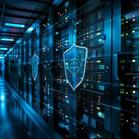 Data security concept with shield icon on server room background 3D renderingの素材