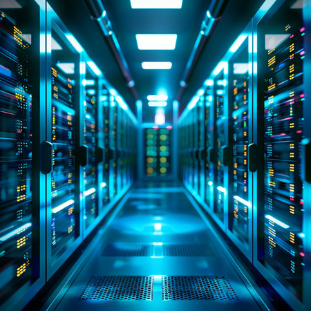 Server room data center. Backup, mining, hosting, mainframe and computer rack with storage information. 3d renderの素材