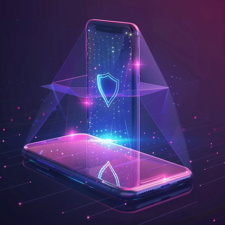 Smartphone with antivirus shield on the screen. 3d illustrationの素材