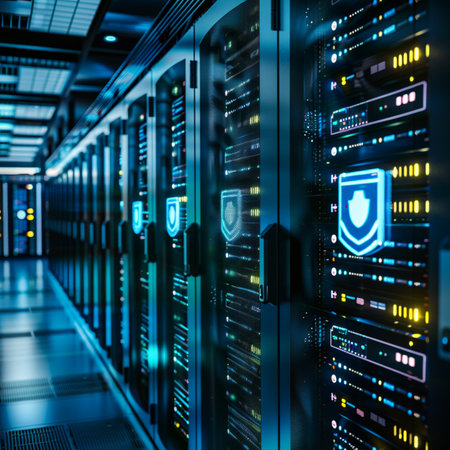 server room with hard drives and shield icon 3d rendering image.の素材