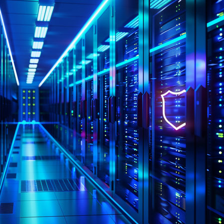 Server room data center. Backup, mining, hosting, mainframe and computer rack with storage information. 3d renderの素材