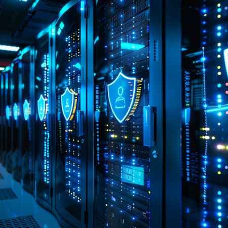 network server room with cyber security icons 3d rendering image blurred backgroundの素材