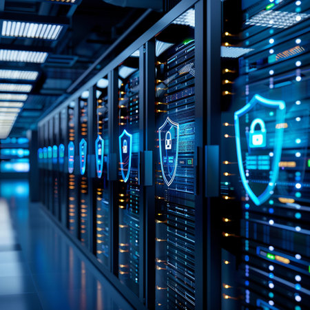 Server room with cyber security icons. 3d rendering toned imageの素材