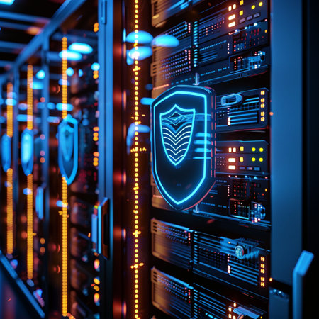 Data protection concept. Shield icon on server room background. 3D Renderingの素材