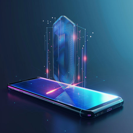 Smartphone with hologram of city on the screen. Vector illustrationの素材
