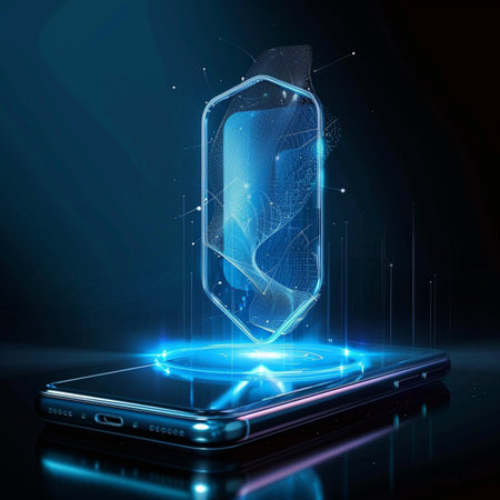 Smartphone with blue hologram on the screen. Vector illustration.の素材