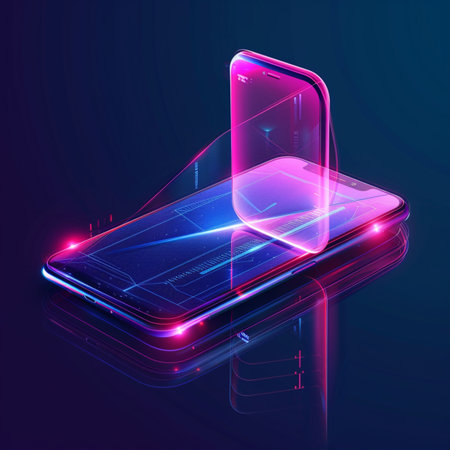 Smartphone with blue and pink neon light on dark background. Vector illustration.の素材