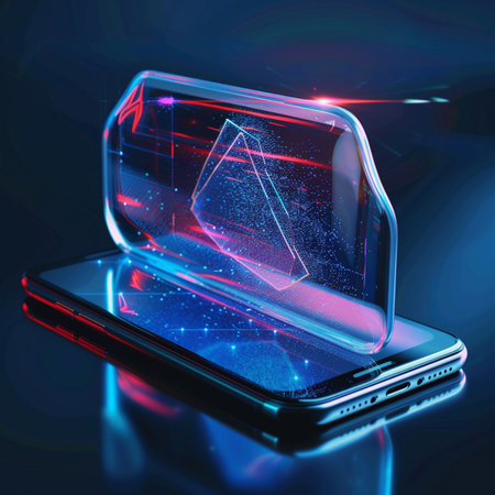 3d rendering of a smart phone with a crystal on the screenの素材