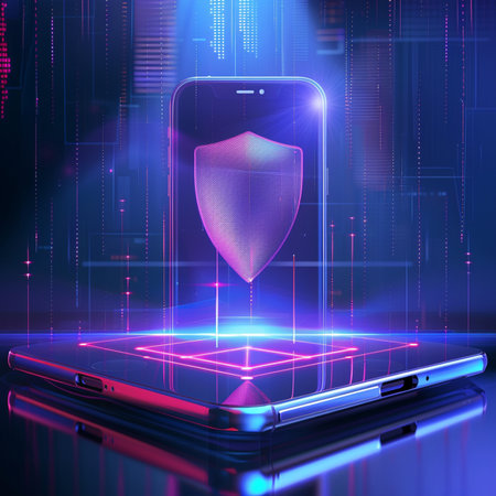 Cyber security concept: Smartphone with shield on the screen.の素材
