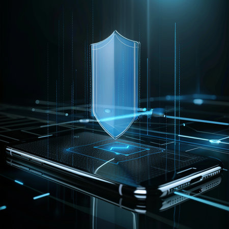 Smartphone with antivirus shield on the screen. 3d illustrationの素材