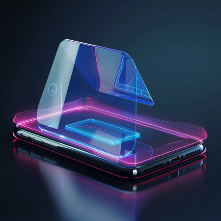 3d render of a smartphone with a luminous display on a dark backgroundの素材