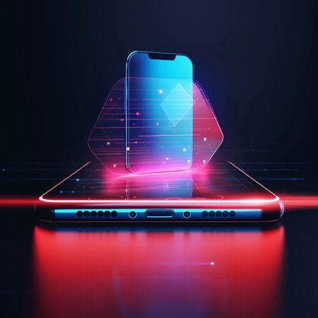 3d rendering of a laptop with a smartphone on a dark backgroundの素材