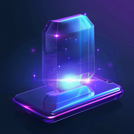 3d illustration of a smartphone with a hologram of a glowing cube.の素材