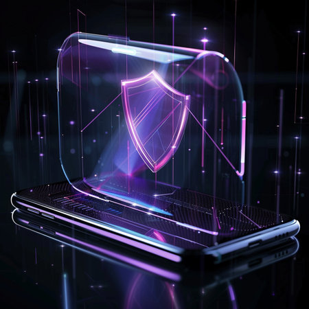 Laptop with shield on a dark background. 3d rendering.の素材