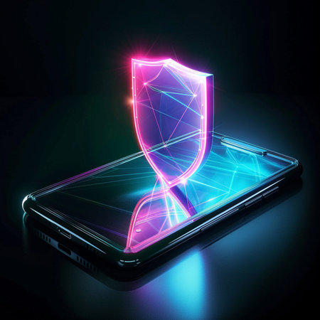 Smartphone with shield icon on screen on dark background. 3D renderingの素材