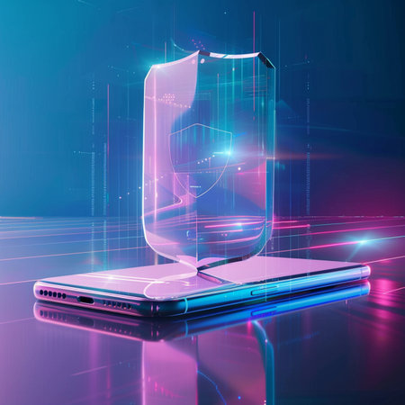 Smartphone with antivirus shield on display. 3d illustration.の素材