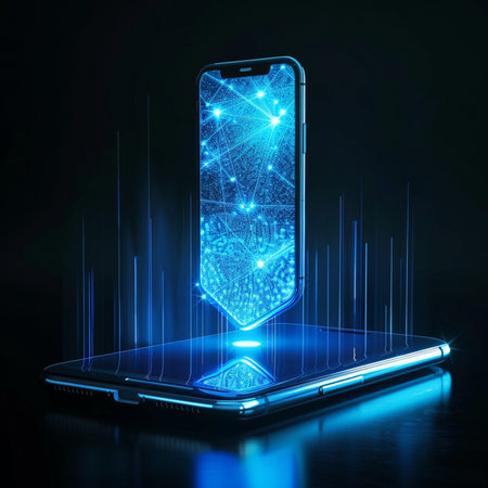 Smartphone with abstract digital hologram on dark background. 3D Renderingの素材