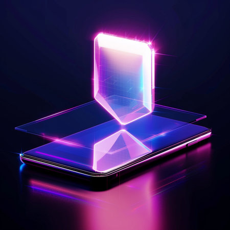 3d render of mobile phone with neon light on dark background.の素材