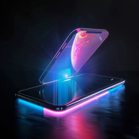 Smartphone with neon light on a dark background. 3d renderingの素材